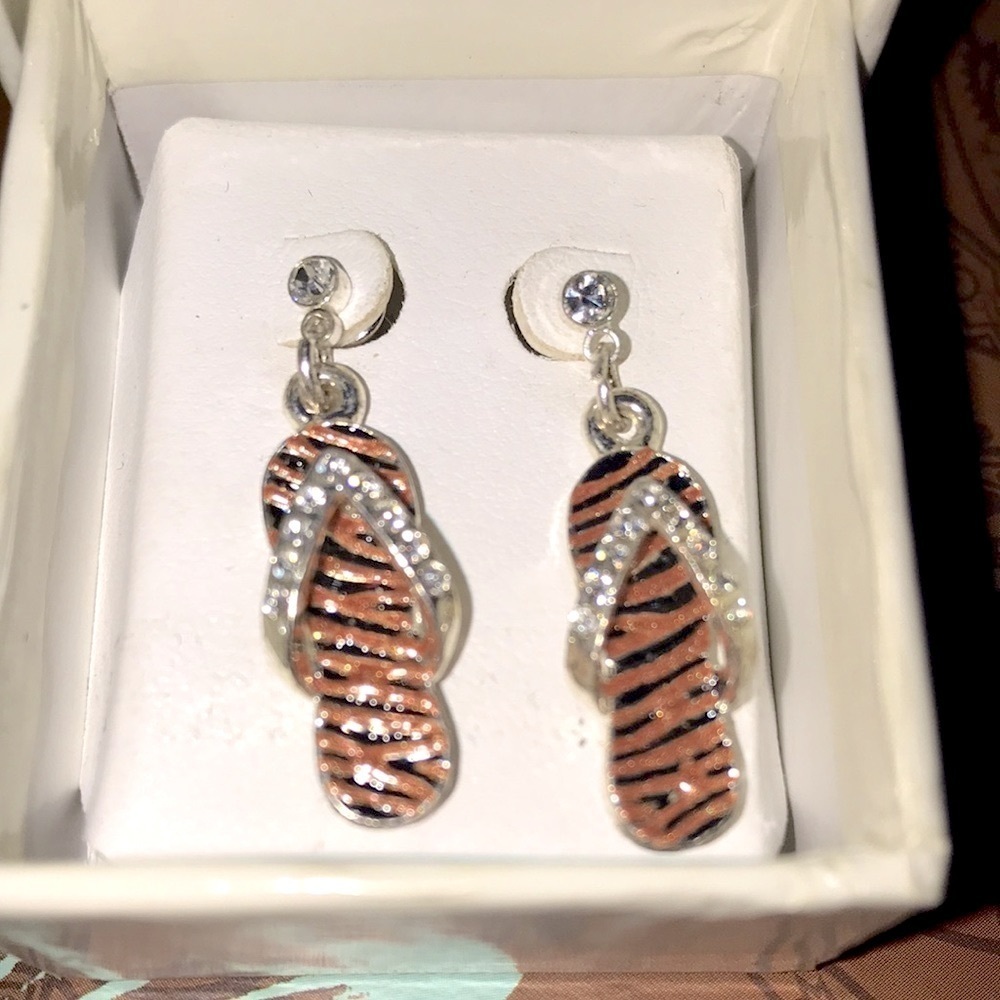 VINTAGE TIGER FLIP FLOP RHINESTONE SUMMER EARRINGS